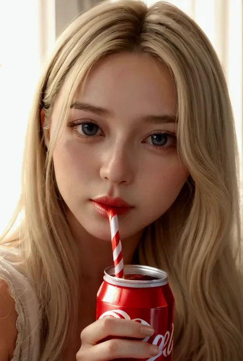  Beautiful modern fashion girl drinks Coca-Cola,  movie style , resolution 8k ,   soft lighting , Super detailed skin and hair texture ., eyes,Nose, The mouth is realistic details .,blonde