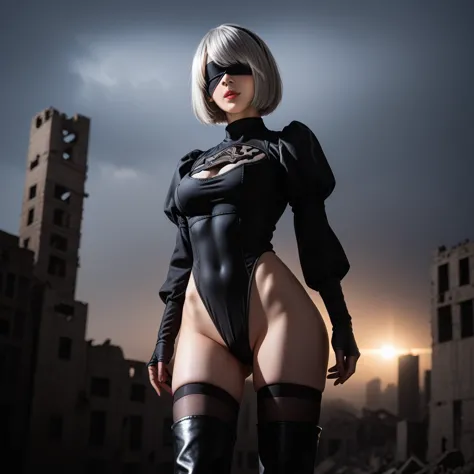  score_9,  score_8_up,  score_7_up, 32K,masterpiece, Best Quality, 
Realistic, super detail,  bright colors,  chiaroscuro lighting,  Movie Lighting,
1 female, inspired nier automata 2B,
 very detailed face ,  bob cut,  silver hair, bangs,  mole under the m...