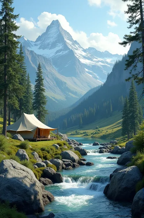 Alpine trees, safari tent and river and rocks and mountain