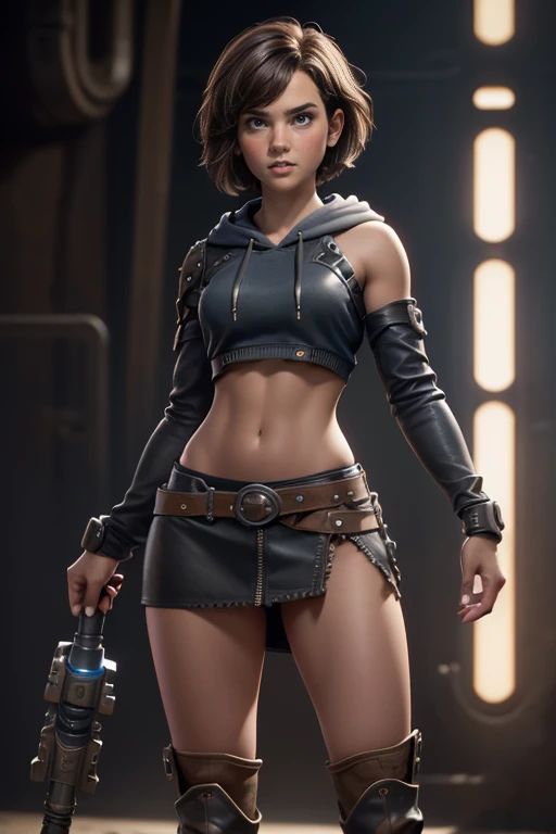 Young woman,  short hair , blue tube top , Black miniskirt, Brown knee-high boots,  gray hoodie tied at the waist, magnificent anatomy ,  Dynamic Pose , face to the camera,  gears and bolts ,  mechanical engineering ,  composition epic character,  Natural ...