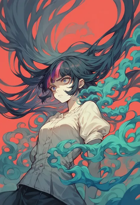 A girl with long black hair and a hoddy uniform with disheveled clothes, leaning back, showing sadness, dark theme, anime style, neon abstract background. thick smoke. pop surrealism style, core sparkle style, fire style