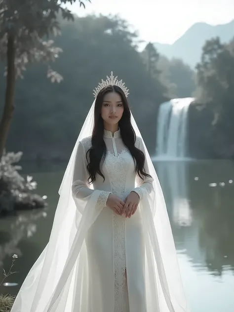 Captivating image of an infrared monochrome image of a woman with an ethereal aura. She has long, dark hair and is wearing a flowing white full neck oversized baju kurung. The baju kurung is adorned with lace and she also has a transparent veil on top of h...