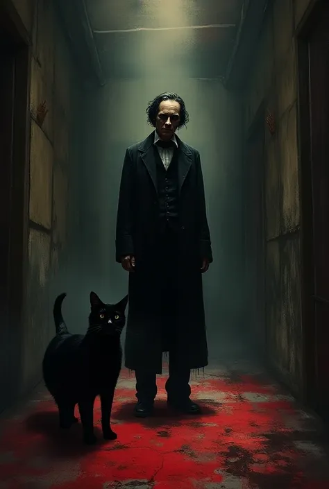 Create a cover for me about Edgar Allan Poes "The Black Cat" creativo, animado y que de miedo