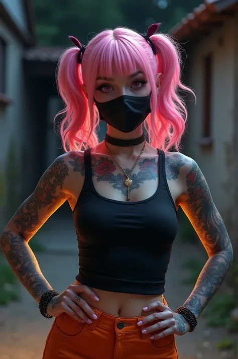 Ultra-realistic 8k CG, masterpiece, ((Ultra detailed background, delicate patterned, Intricate details)), best quality, Intricate detailss, Chromatic Aberration, woman, adult woman, mature woman, 20 years old, pink hair, pigtails, black face mask, black ta...