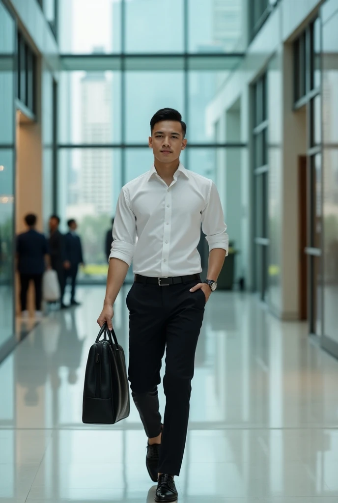 A young Thai man in formal attire arrives to work on time and is not late.