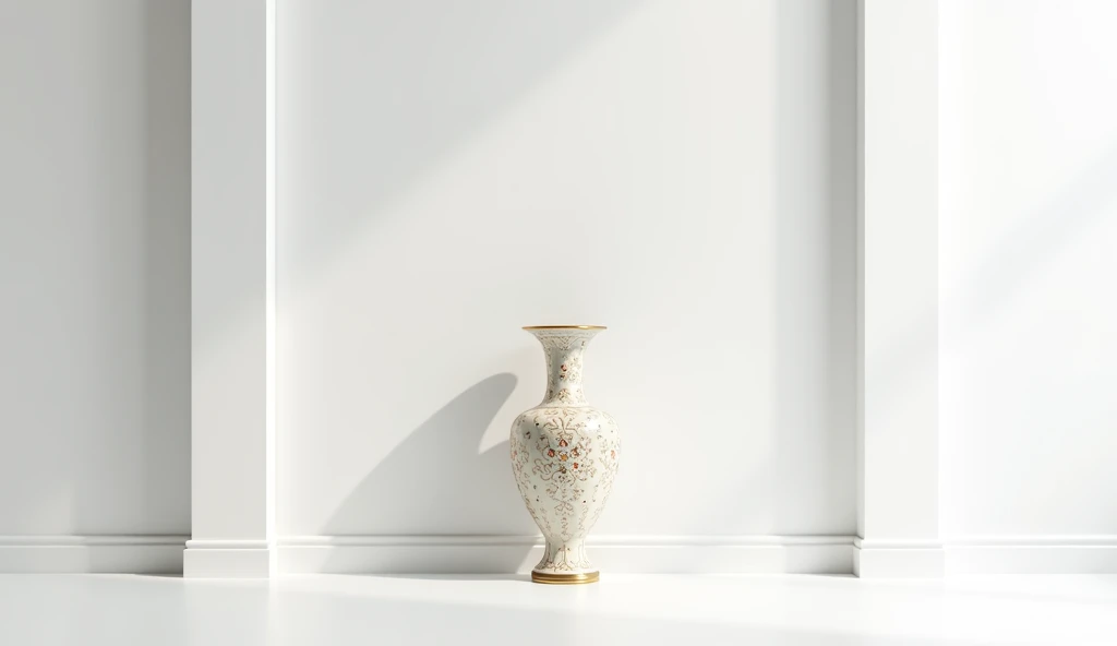 An antique vase was in a plain white room