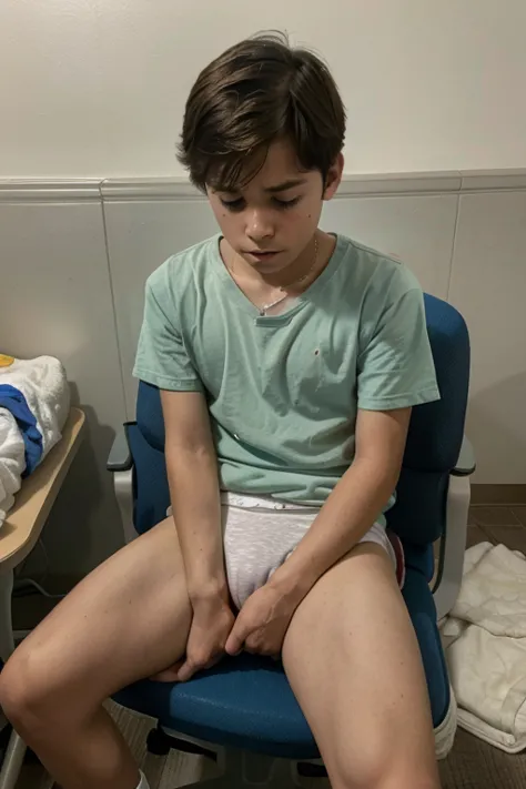 A teen boy, age 14, age 13 face, at hospital, only wear a diapers, he felt a painful pain in his diapers, painful expression, he is sitting on chair