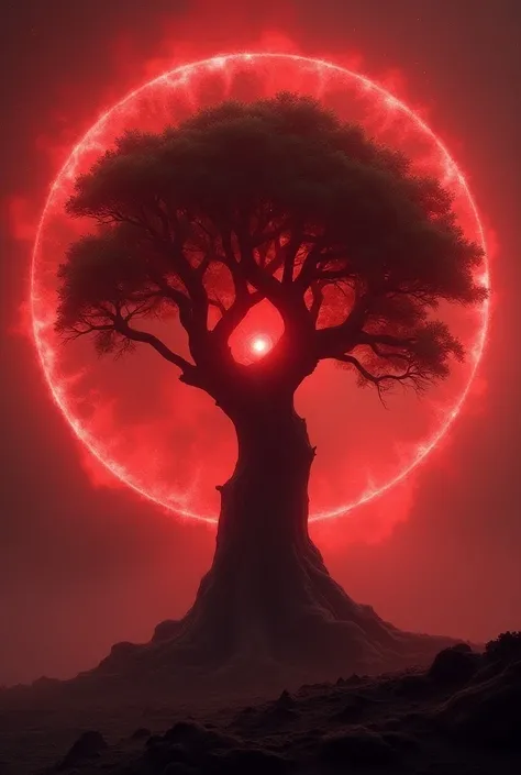 a huge tree with a red center that looks like it is alive surrounded by a huge red circle in the sky