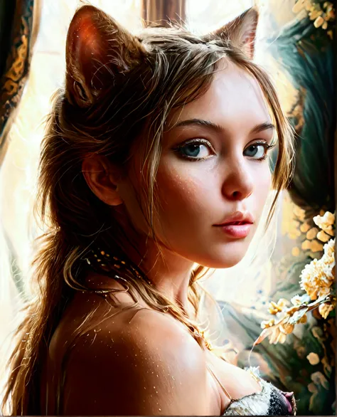 A fantasy woman-cat hybrid, large female buttocks, female breasts, four paws, fur, cat-like face with human features, (best quality,4k,8k,highres,masterpiece:1.2),ultra-detailed,(realistic,photorealistic,photo-realistic:1.37),fantasy art,highly detailed fa...