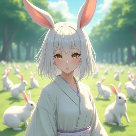 Anime images, 4K, Women ,Age 30, white hair,Wear, Korean face,  rabbit ears , white yukata,On the nerves ,
There is a herd of rabbits in the back