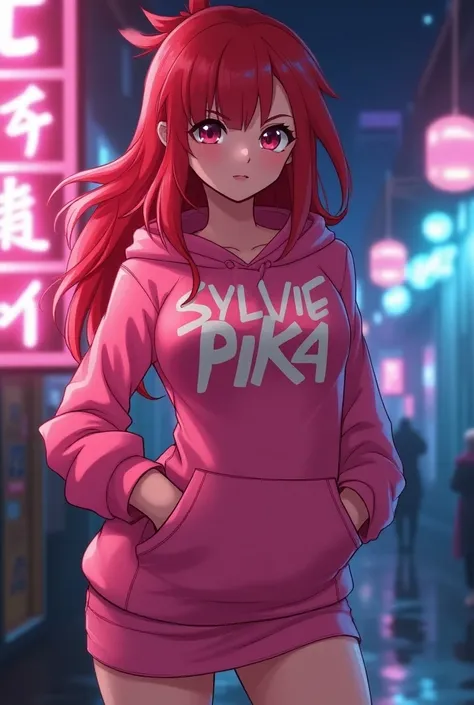 Hot anime girl wearing pink hoodie, written sylvie pika on her hoodie, long red,she is a poke girl, looking so hot and wearing short dress,neon