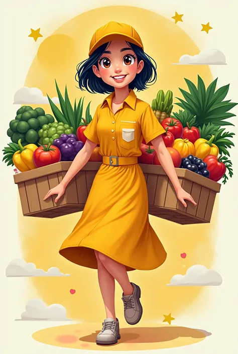 Blinkit man with fruit and vegetable basket  with blinkit uniform yellow dress and background record  man