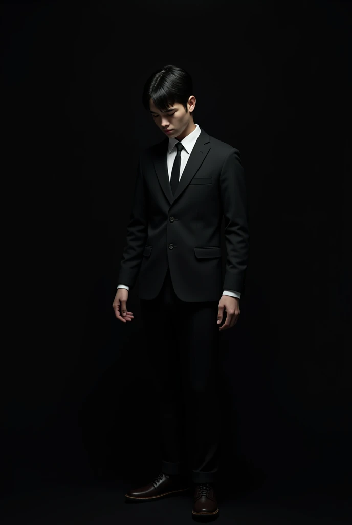 A young man wearing formal clothes and he is standing and serious face, eyes closed and face is down, dark background, night, 4K, hyperlistic