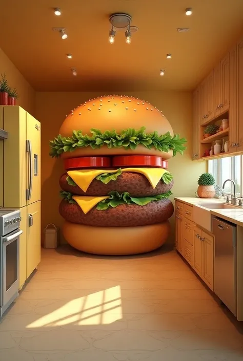  Create a detailed image of a kitchen shaped like a hamburger.  The kitchen must have the furniture wide and rounded ,  similar to the bread under a hamburger , Refrigerators, stove,   sink and cupboard imitate hamburgers.  including lettuce-like elements ...