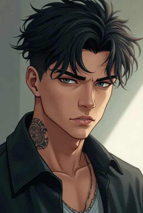 A very handsome man,  black hair ,  greyish eye color, casual wear with small tattoos.  The anime-style image 