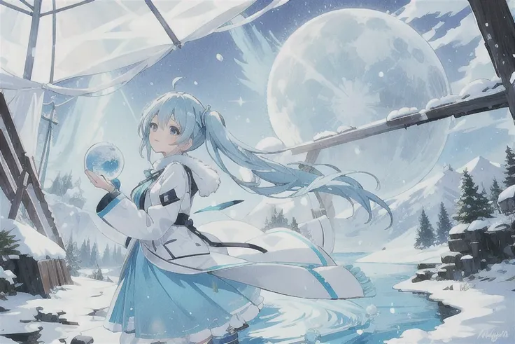 · Hatsune Miku · Light Blue Long Tail · Smiling · Light Blue Long Sleeve Dress · Holding a Snow Globe · In the Winter Forest · On a Frozen Lake · Snow Is Falling · Deep Night · Full Moon · Top Quality