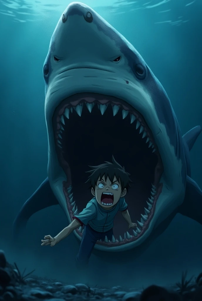  A giant shark in the sea bites yuta san ( little boy character in sakura school simulator game).  . Yuta san Screaming in pain , Dark blue sea baground 