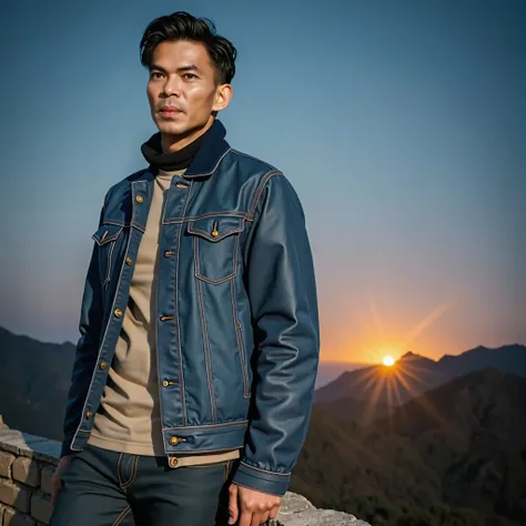  Realistic photos, most realistic, handsome man Alas(30 years old,   Clean face, smooth white, calm face , ,  Wearing a thick jacket for winter , Jeans)  Standing pose like a model on the wall of China ,  Photograph slightly tilted to the side ,  Visible f...