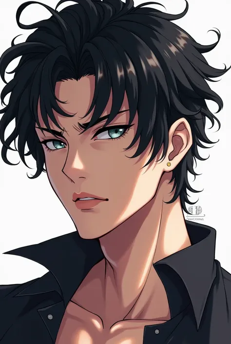 A very handsome man,  black hair ,  greyish eye color, casual clothes, a tattoo and seductive appearance.  The anime-style image 