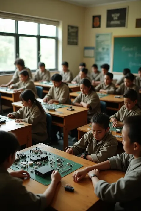 "In 1969, a modern classroom in the School of Electronics Technology in Cali, Colombia, with 118 young students and 18 teachers engaged in the study of electronic equipment. The students are seated at wooden desks with basic electronic components in front ...