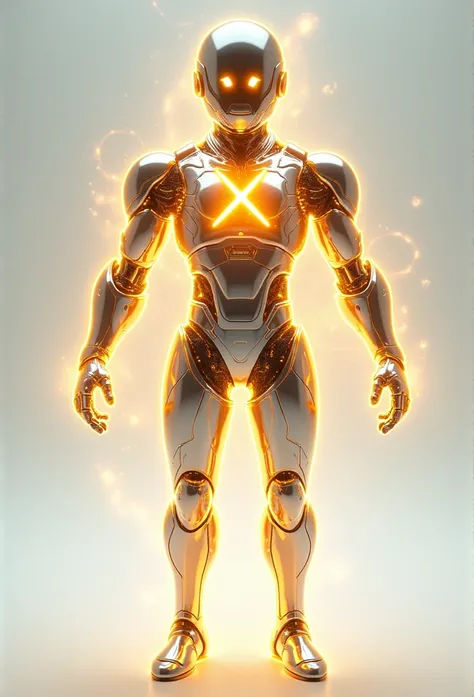 a radiation-metal construct, with body is made of light with bright glowing lines of energy running along its joints and torso, resembling a network of light circuits and light wires. inspirated in super saiyan mode, and mysterio. Its face is like a glowin...