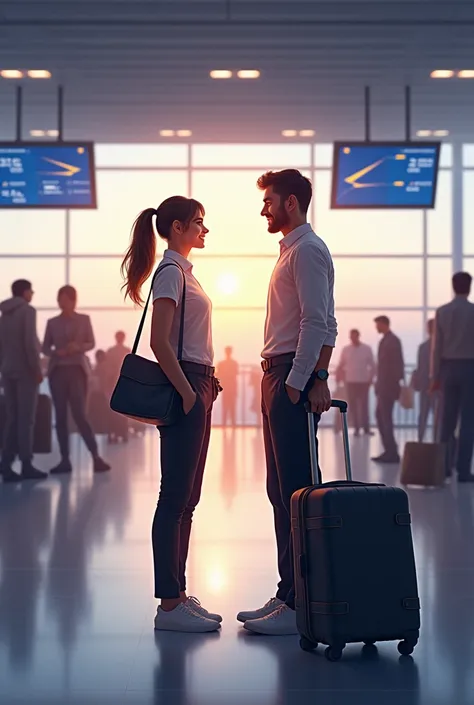 Provide landscape image of one woman and one man chatting at airport for flight booking
