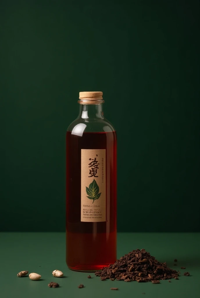 Oolong tea in clear plastic bottle, dark tea color, dark green, brown logo with tea leaves, around the plastic bottle