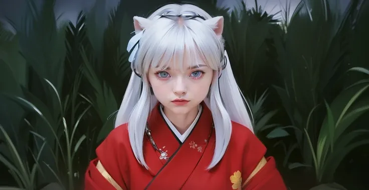 (Close-up of a better masterpiece:1.5)0.9], (kimono and legend:1.2) (Messy silver hair:1.1) (Heterochromia xanthochromia and blue eyes:1.2) (dog-like ears:1.0) (Colored stars in the eyes:1.0) (A radiant glow:1.1) (thick lips:0.9),realistic)