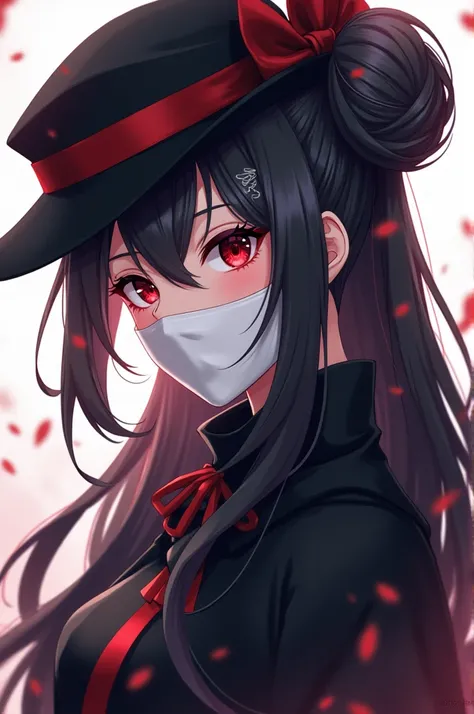 Anime style, white bandana in the mouth, bandana cowgirl, covered mouth with white bandana, bandana mouth, mouthkerchief, mouth kerchief, bandana mask, mask, woman, Yor Forger, 25 years old, black hair, long hair, fringe hair, red eyes, black cape, black h...