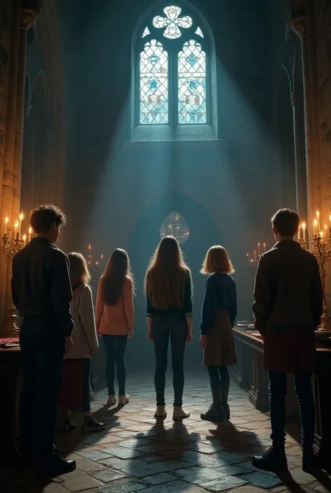 a room in a castle like Hogwarts in the dark fantasy style with students inside dressed in clothes of young people from the 90s the atmosphere is dark, darkening the clashing clothes of the young people