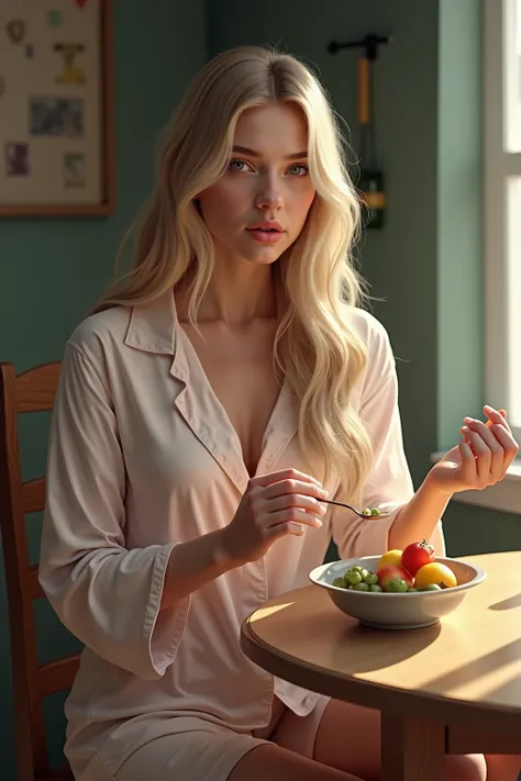  Create a realistic image of a 20-year-old woman,
 long blond hair , blue eyes, Cheekbones, ((  full body )), dressed in pajamas ,  sitting on a chair at the table ,  eating a bowl of fruit ,   from head to toe  ,   full body , super realistic photo