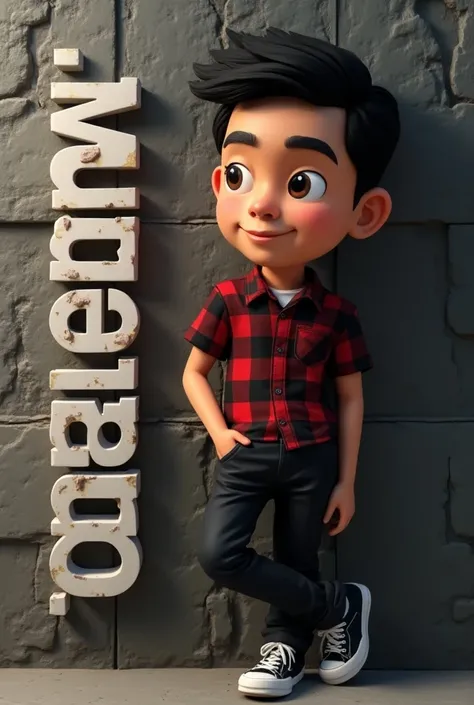 4d logo name, (McLorenz), a 25 year old Indonesian male caricature, with a skin color similar to a real human, short black hair, clear wrinkles, wearing a black and red checkered panel shirt and pants and shoes, posing leaning against a stone wall, the nam...