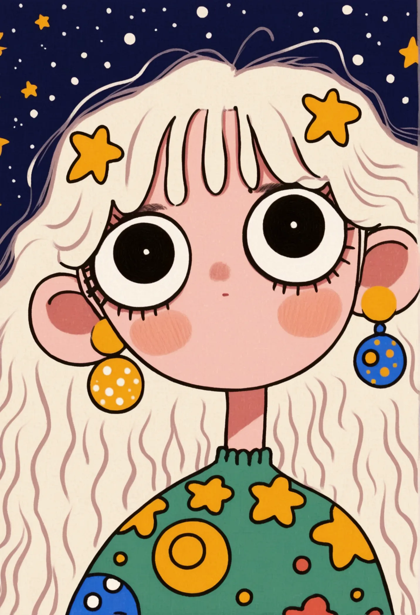 portrait， big eyes，anime girl with long hair and 星星s in her hair, dressed in 星星s and planets, 星星s in her gazing eyes,