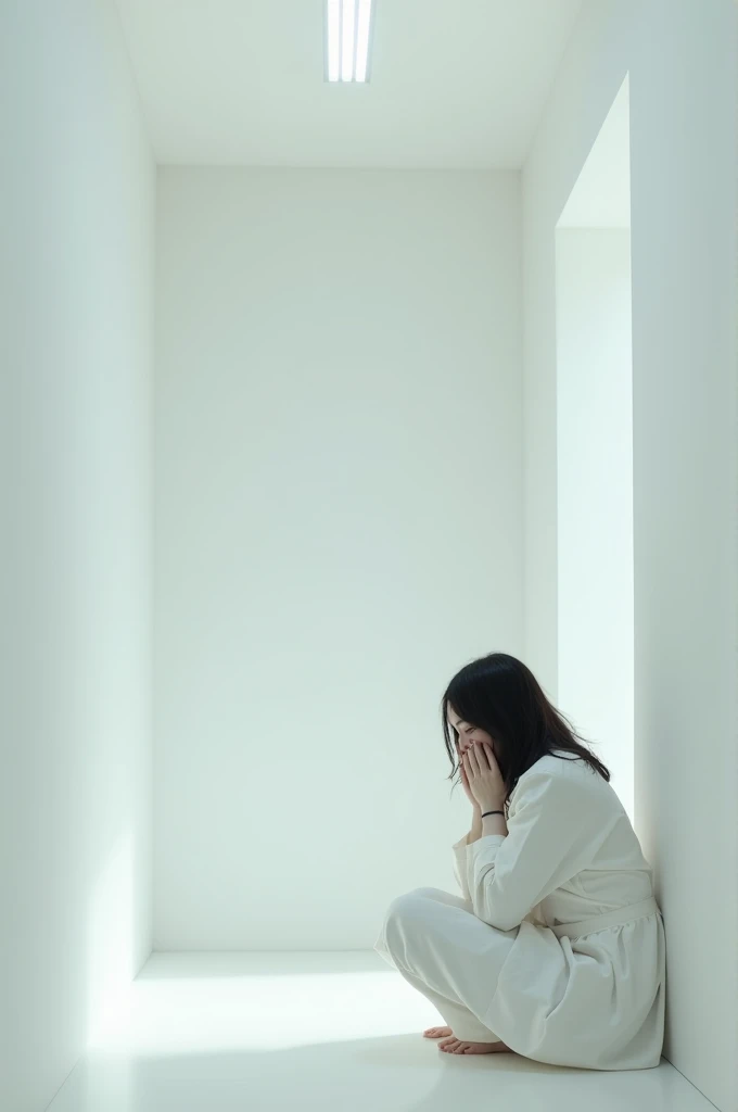  A large room all upholstered in white , With nothing inside ,  with only a light in the ceiling and a dark-haired woman, huddled in the right corner of the room ,  on the back with a white straitjacket 