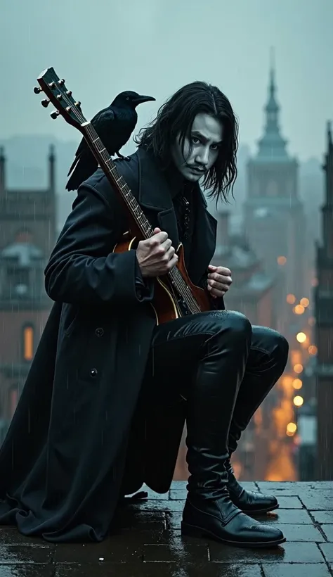 Cinema poster of the character "The Crow". A hyper-realistic cinematic image of The Crow on the roof of a gothic city building. (( The Crow V.IT Face, White face with black makeup )), He can see the city and the street lights. The Crow is wearing a blackbl...