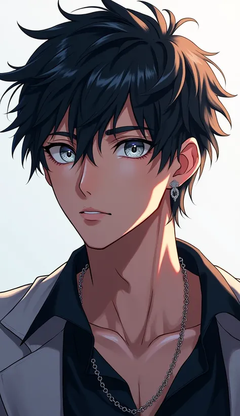 A very handsome man,  black hair ,  greyish eye color, casual clothes, A slight appearance of a bad boy, Seductive appearance.  The anime-style image 