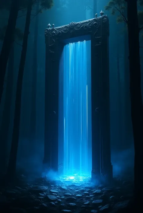  A large, shiny portal, rectangular, with thin, detailed edges,  rays floating in the air,  in the light of a dark forest,  expels blue energy ,  black and white , Shoot 