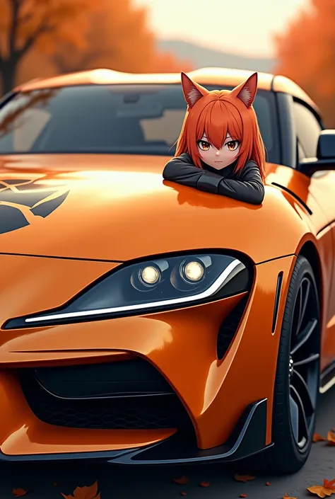 orange Toyota Supra A80 ,  black car door pattern ,  autumn



Anime cat girl leaned on the hood,  orange hair, sly face