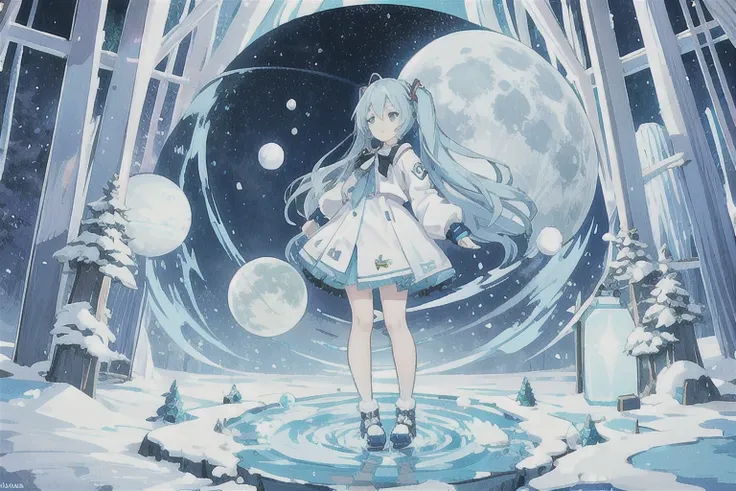 · Hatsune Miku · Long Light Blue Twin Tails · Smiling · Light Blue Long Sleeve Dress · Long Socks · Low Exposure · Holding a Snow Globe · In the Winter Forest · On a Frozen Lake · Deep Night · Full Moon · White Castle · Detailed Drawing · Top Quality