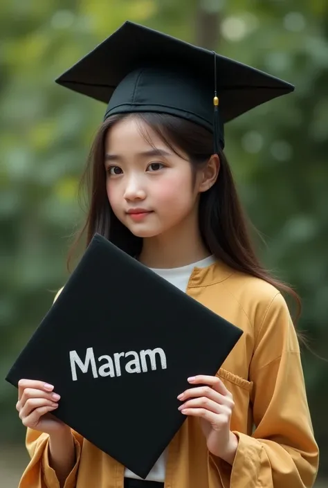 A girl holds a black graduation hat with the words Maram 
natural background