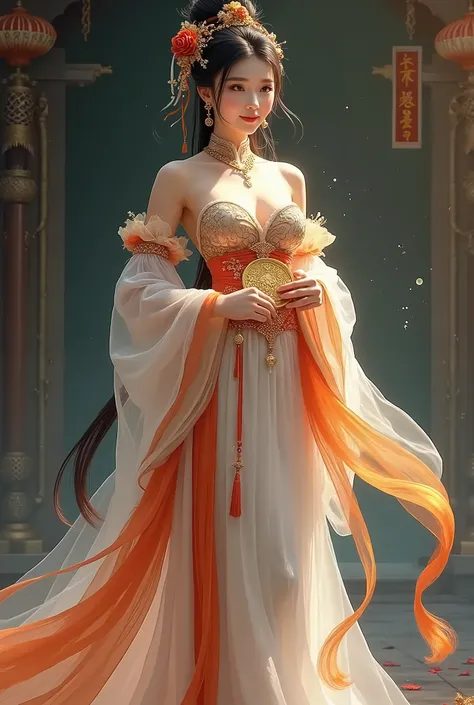  Chinese Girl with Gold Coin  , thick body,  Curved body , Curved Waist,  big breasts, White skin, Beautiful dress embroidered with intricate embroidery , Bare Breasts, Flowing tulle fabric, . Transparent colorful long ribbon tied on the sleeve,  Inspired ...