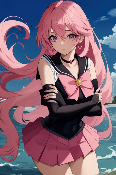 Anime woman, pink hair, , black school girl outfit, sailor moon inspired, Hair Over One Eye, hair down