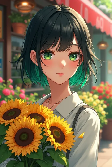 Create an anime cartoon jujutsu kaisen , Teenage women, Black hair with green inside, wolf cut, green eyes, height 160, infj,  holding sunflower flowers in front of a flower shop