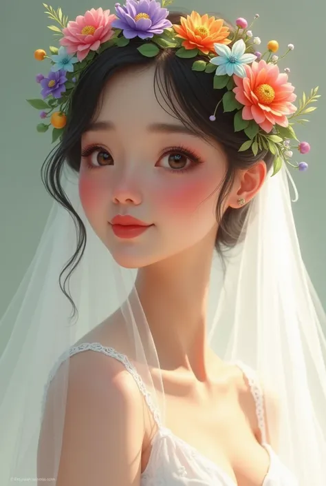 Bride dressed in elegant white with veil and small wreath of flowers in colors orange purple pink green bright blue yellow