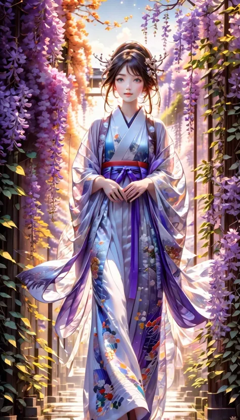 ((highest quality)),(ultra high resolution),(Super detailed),(detailed description),((best CG)),(best work of art),super precision art,amazing drawing art,(Japanese-inspired fantasy art with intricate detail:1.5), Quietly standing amongst the vast wisteria...