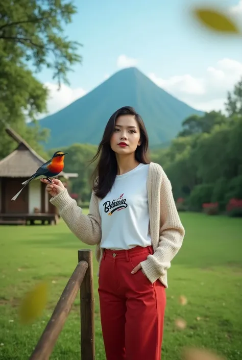 A park surrounded by big trees green blue sky there is a beautiful mountain hill there is a wooden house hut which is very artistic a beautiful Indonesian woman posing for a photo wearing a daleman switer white t-shirt logo ART CREATIVE trousers levis trou...