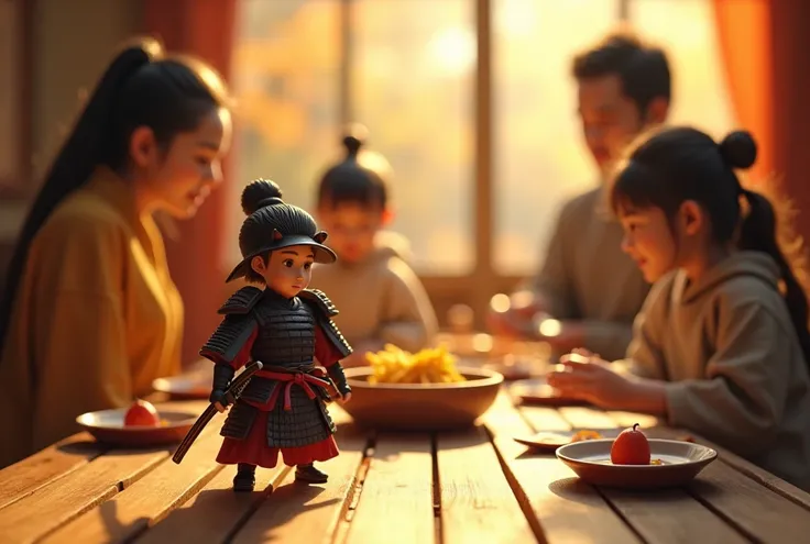 a small samurai holding a katana on a table, family members looking on in wonder, rens picture book, intricate details, highly detailed, 8k, photorealistic, studio lighting, vibrant colors, warm lighting, dynamic pose, cinematic angle, tilt-shift effect, d...