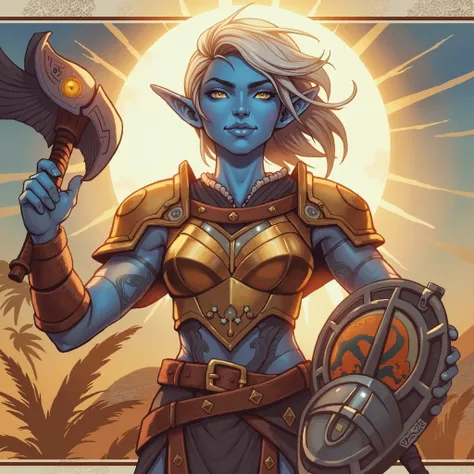 Make a woman,  she is short in stature, She is a dwarf , detailed armor, well-defined breasts, accentuated body,  shield, eleven, a woman with blue skin,  like powers of the Sun , a large, square sun in the background 