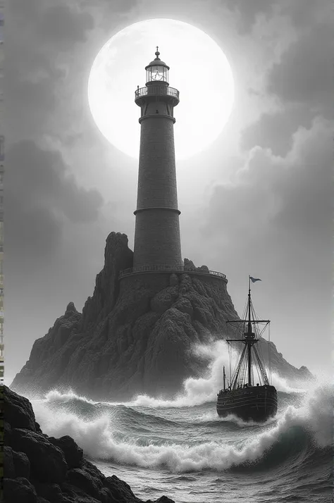 A lighthouse in the middle of an island  ,  with waves hitting its base and a ship at its Merced whatever moon behind it can be reproduced in graphite
