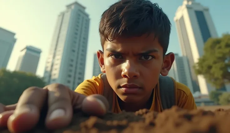 *Close-up of a young boy’s (15) hand clutching the dirt tightly, a defiant expression on his face as he looks up at the towering skyline of Mumbai.*Ultra HD realistic, cinematic style,